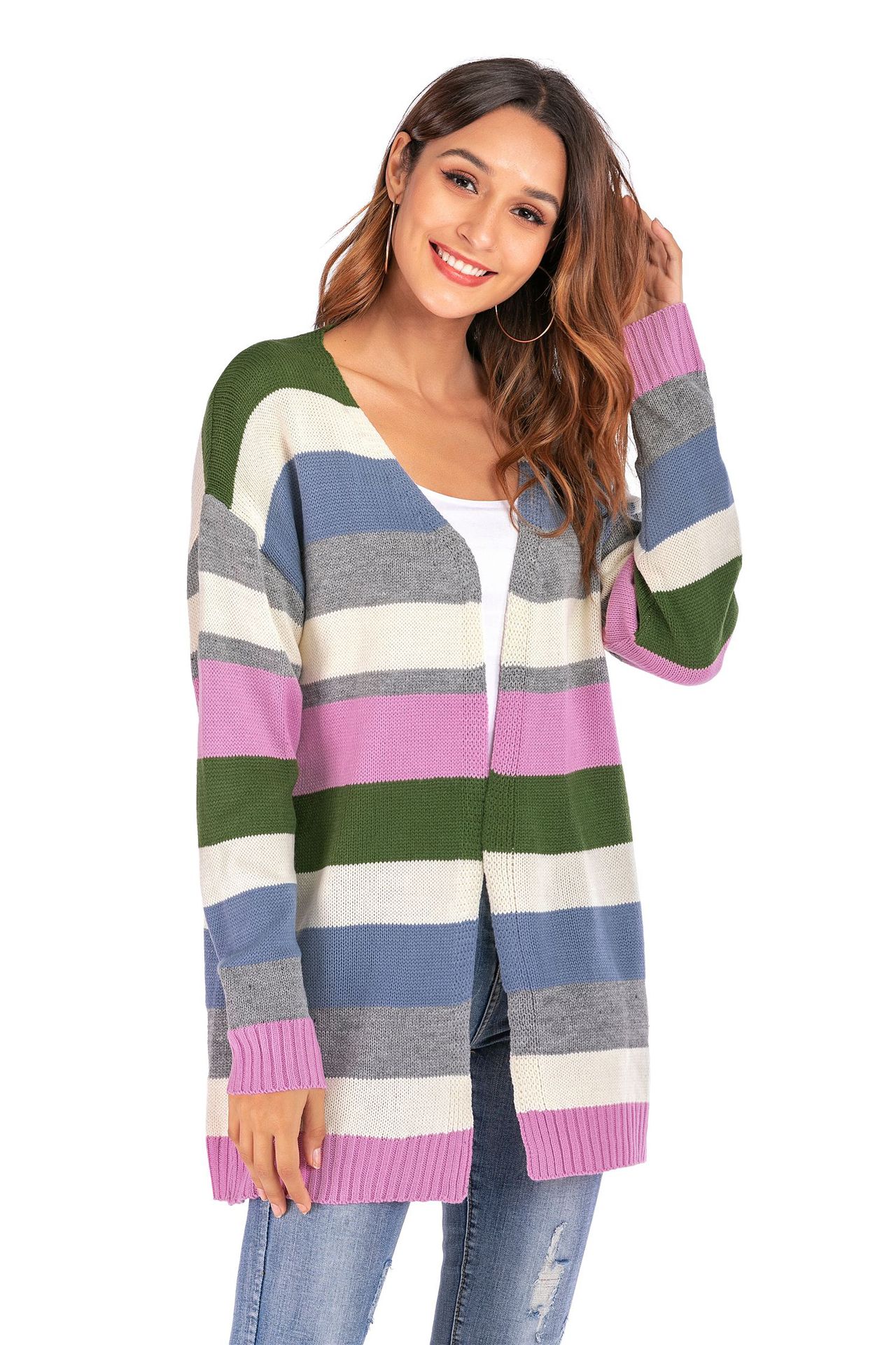 Women's Plus Size Striped Open Front Knit Cardigan Loose Batwing Sleeve