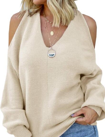 V-Neck Off-Shoulder Knit Sweater with Cross Wrap Bust and Open Back