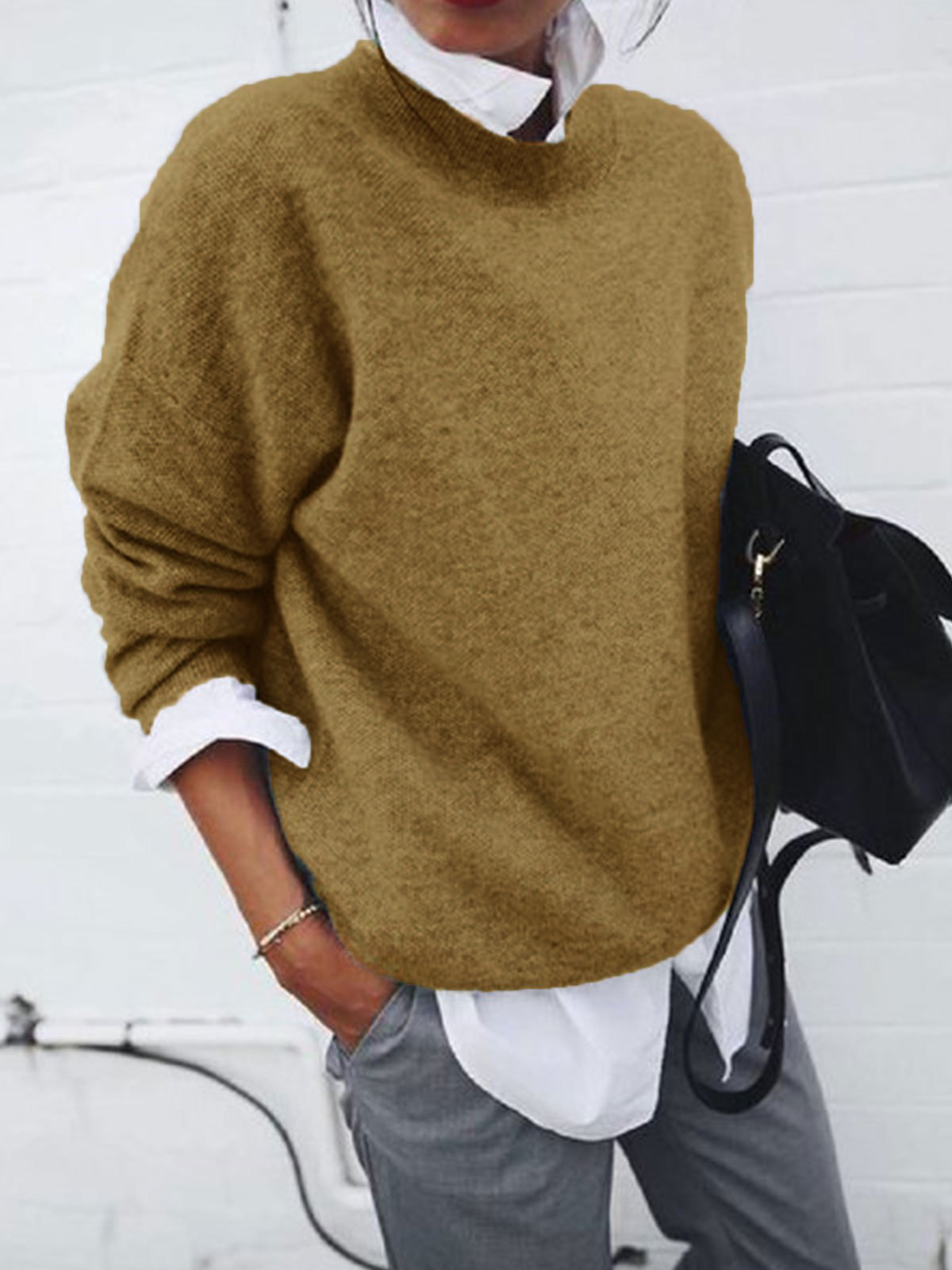Women's Faux-Layer Crewneck Long-Sleeve Sweater Shirt