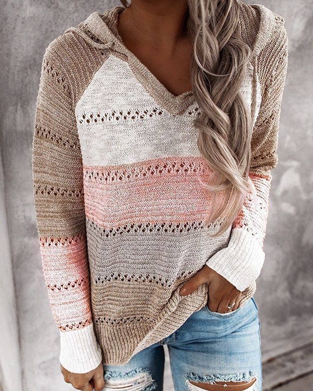 Solid V-Neck Heart Cutout Loose Knit Sweater