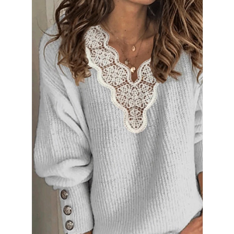 Women's Solid Lace V-Neck Loose Long-Sleeve Sweater