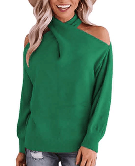 V-Neck Off-Shoulder Knit Sweater with Cross Wrap Bust and Open Back
