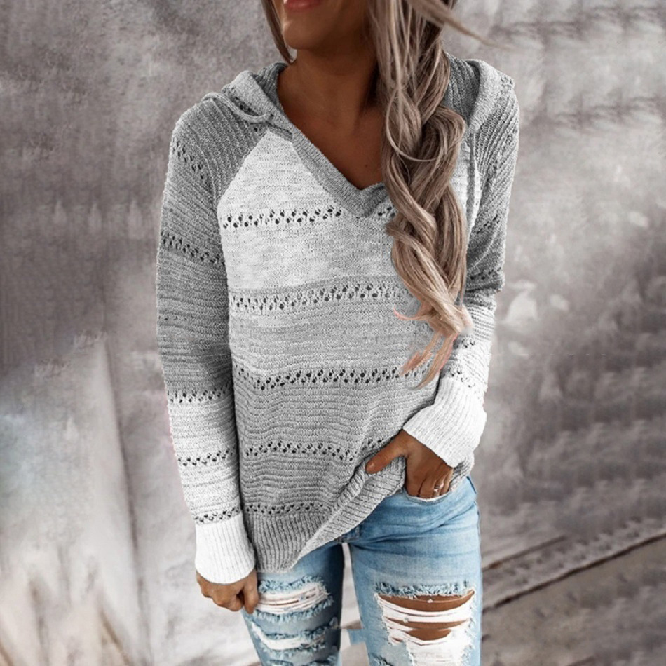 Solid V-Neck Heart Cutout Loose Knit Sweater