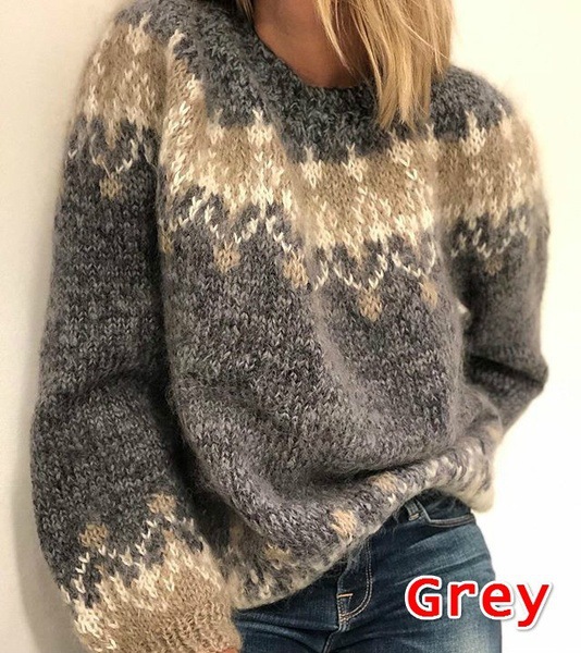 Women's Loose Mohair Chunky Knit Jacquard Sweater