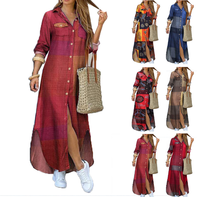 Women's Single-Breasted Collared Long Shirt Dress Loose Fit