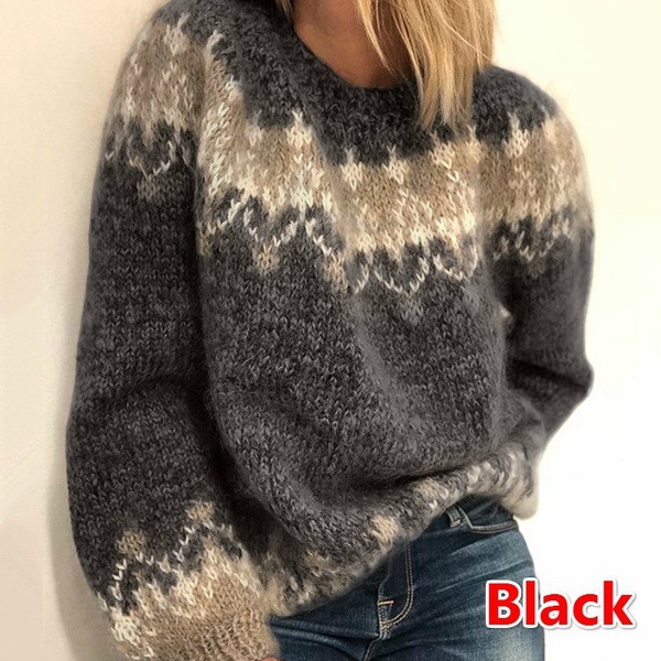 Women's Loose Mohair Chunky Knit Jacquard Sweater