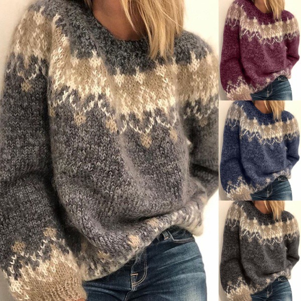 Women's Loose Mohair Chunky Knit Jacquard Sweater