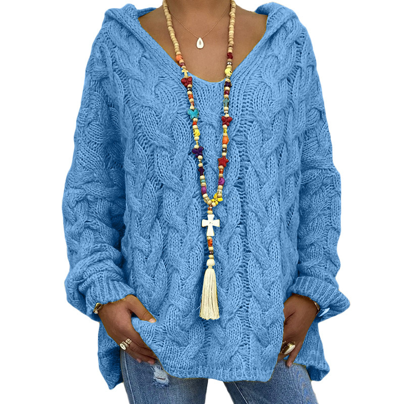 Women's Cable-Knit Hooded Sweater, Pure Color Pullover