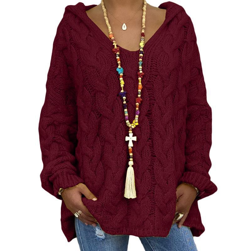 Women's Cable-Knit Hooded Sweater, Pure Color Pullover