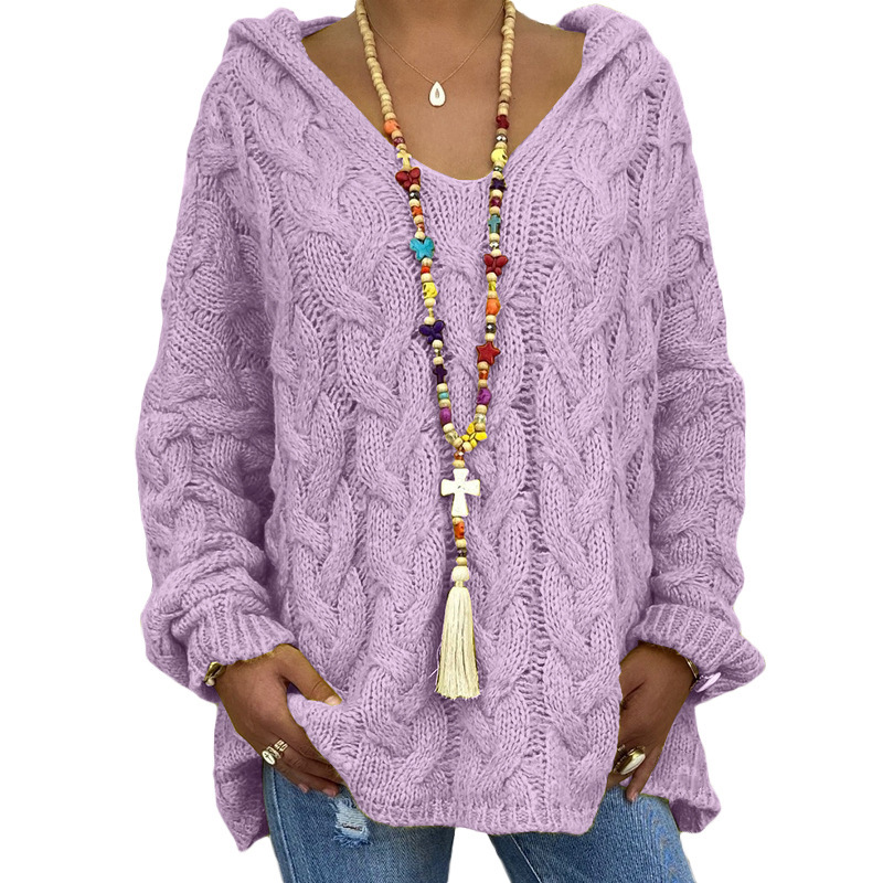 Women's Cable-Knit Hooded Sweater, Pure Color Pullover