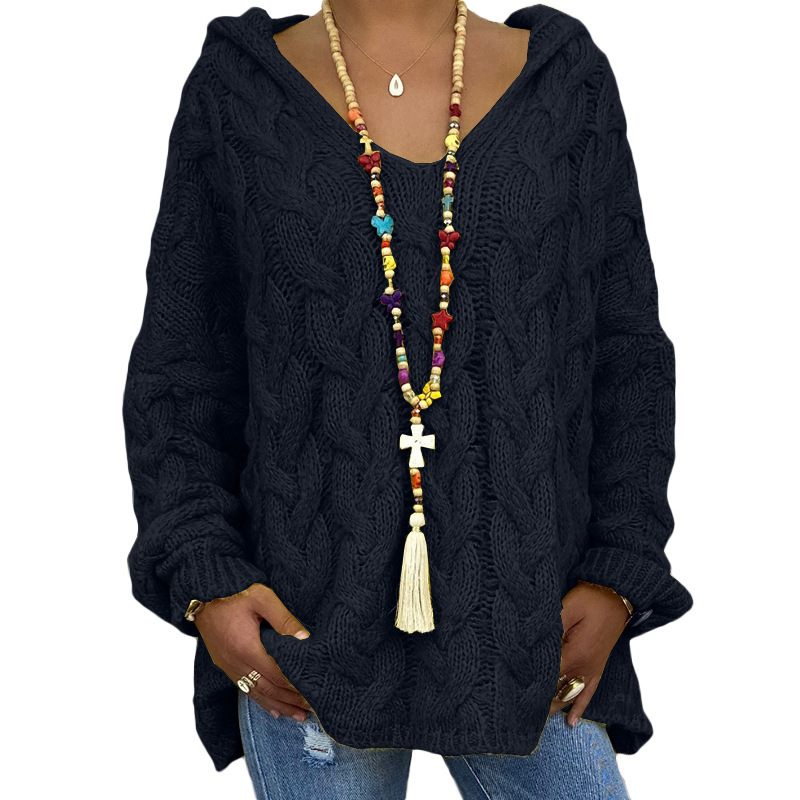 Women's Cable-Knit Hooded Sweater, Pure Color Pullover