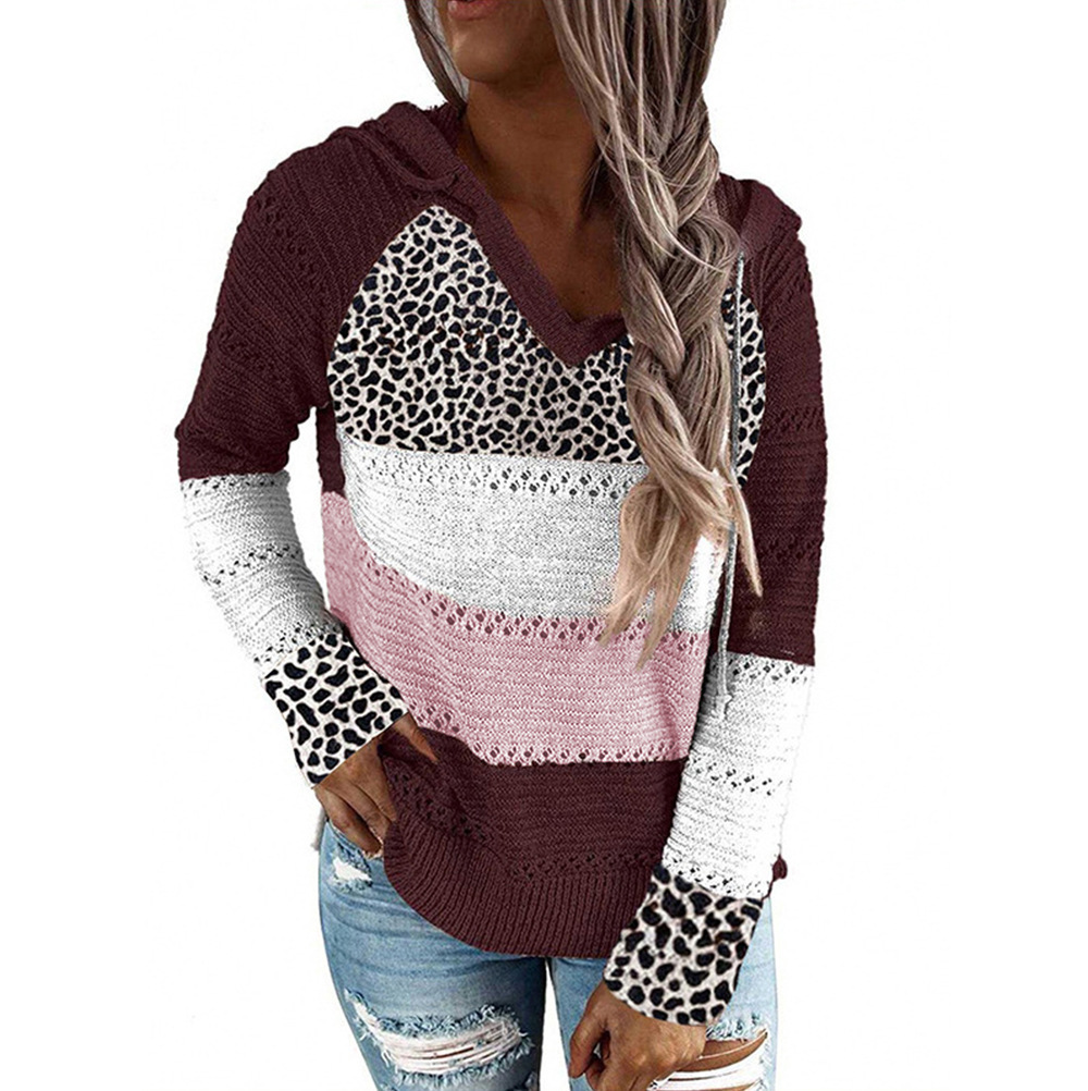 Striped Hooded Sweater with Leopard Print Cotton Blend Pullover