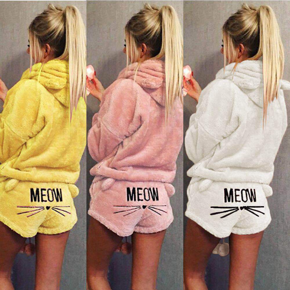 Women's Cat Embroidered Hooded Loungewear Two-Piece Set