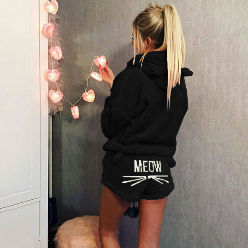 Women's Cat Embroidered Hooded Loungewear Two-Piece Set
