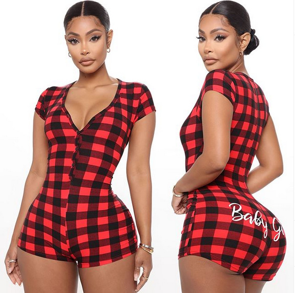 Plaid Short Sleeve V-Neck Print Jumpsuit