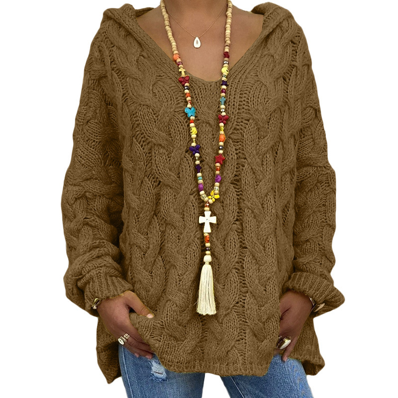 Women's Cable-Knit Hooded Sweater, Pure Color Pullover