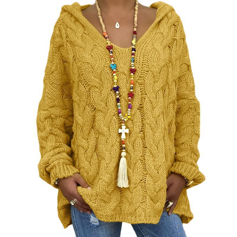 Women's Cable-Knit Hooded Sweater, Pure Color Pullover