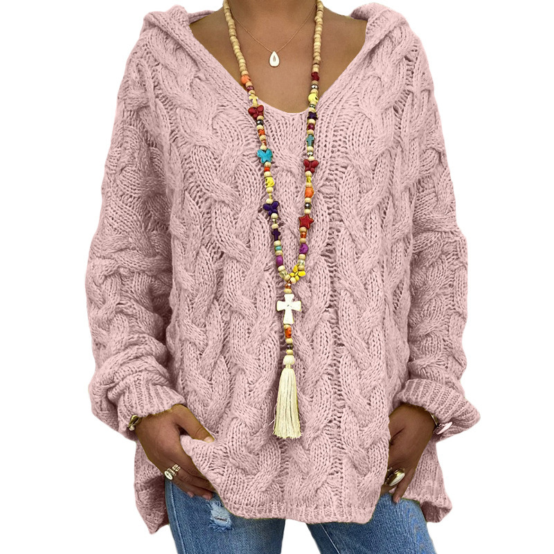 Women's Cable-Knit Hooded Sweater, Pure Color Pullover