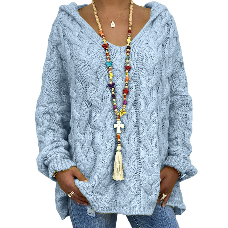 Women's Cable-Knit Hooded Sweater, Pure Color Pullover