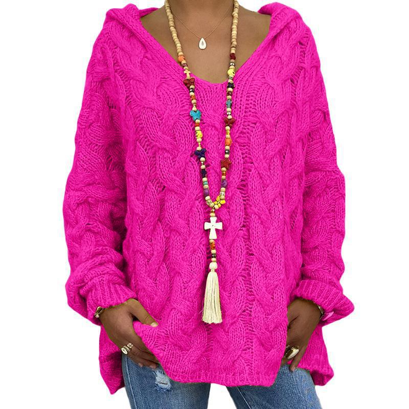 Women's Cable-Knit Hooded Sweater, Pure Color Pullover