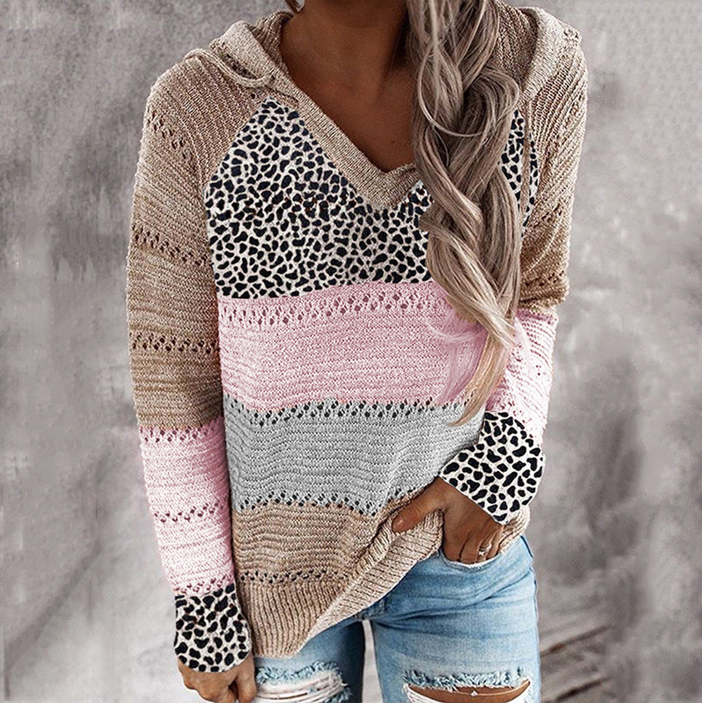 Striped Hooded Sweater with Leopard Print Cotton Blend Pullover