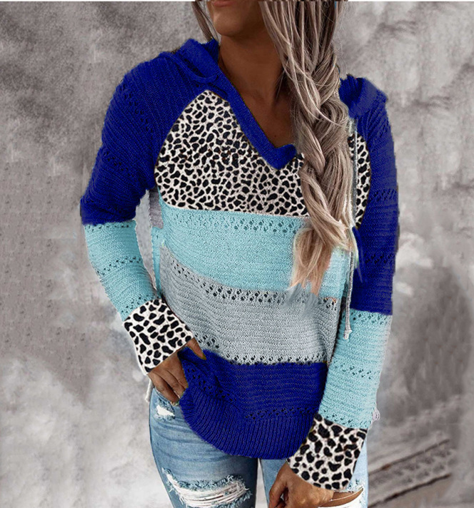 Striped Hooded Sweater with Leopard Print Cotton Blend Pullover