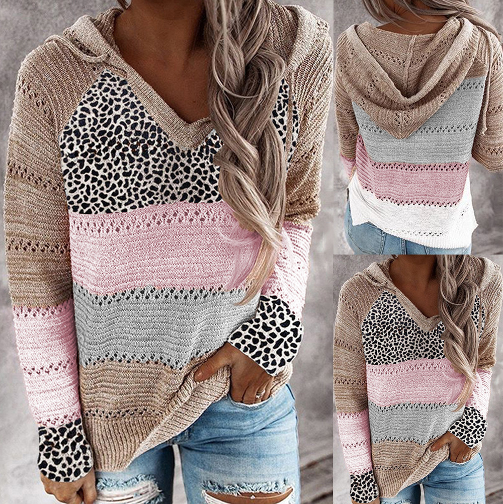 Striped Hooded Sweater with Leopard Print Cotton Blend Pullover