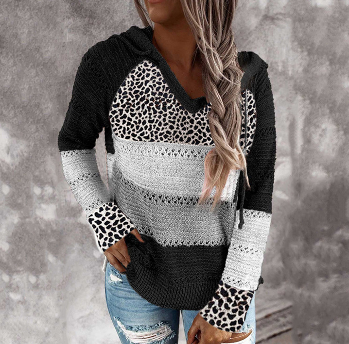 Striped Hooded Sweater with Leopard Print Cotton Blend Pullover
