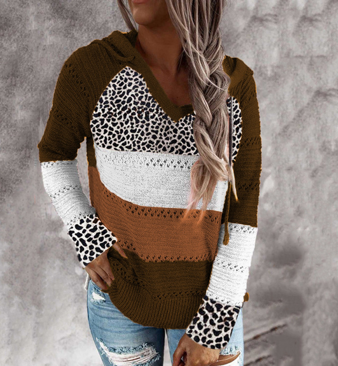 Striped Hooded Sweater with Leopard Print Cotton Blend Pullover