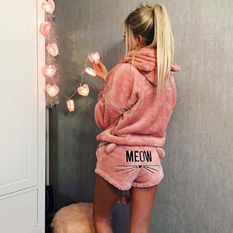 Women's Cat Embroidered Hooded Loungewear Two-Piece Set