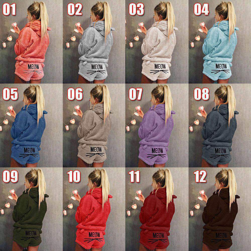 Women's Cat Embroidered Hooded Loungewear Two-Piece Set