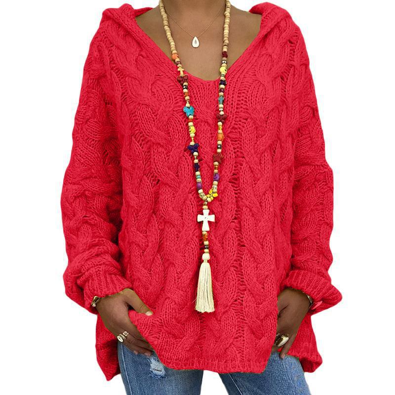 Women's Cable-Knit Hooded Sweater, Pure Color Pullover