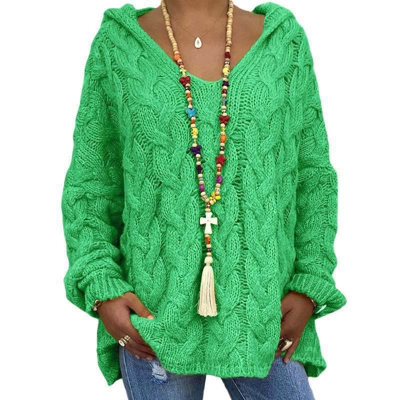 Women's Cable-Knit Hooded Sweater, Pure Color Pullover