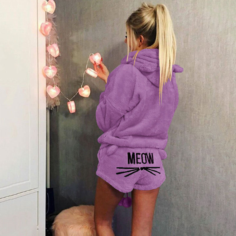 Women's Cat Embroidered Hooded Loungewear Two-Piece Set