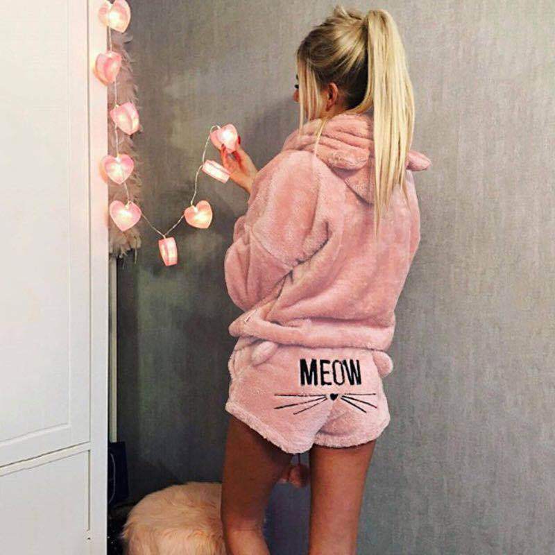 Women's Cat Embroidered Hooded Loungewear Two-Piece Set