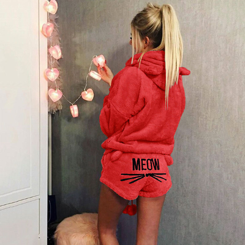 Women's Cat Embroidered Hooded Loungewear Two-Piece Set