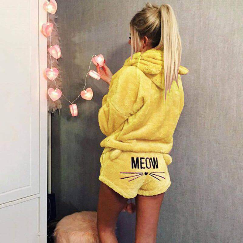 Women's Cat Embroidered Hooded Loungewear Two-Piece Set