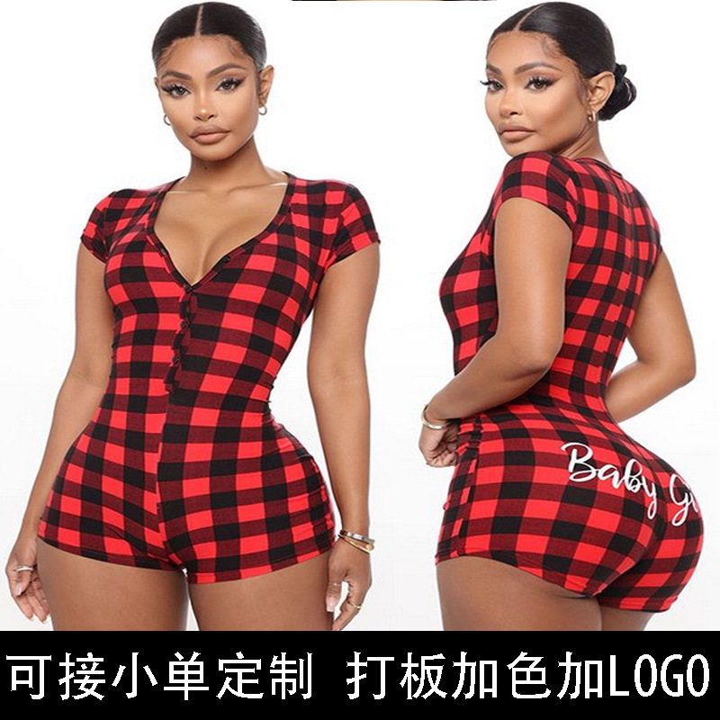 Plaid Short Sleeve V-Neck Print Jumpsuit
