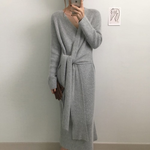 Elegant V-Neck Cross-Tie Long Over-Knee Knit Dress