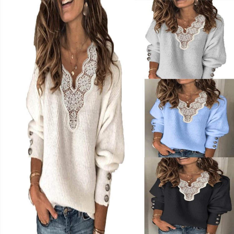 Women's Solid Lace V-Neck Loose Long-Sleeve Sweater