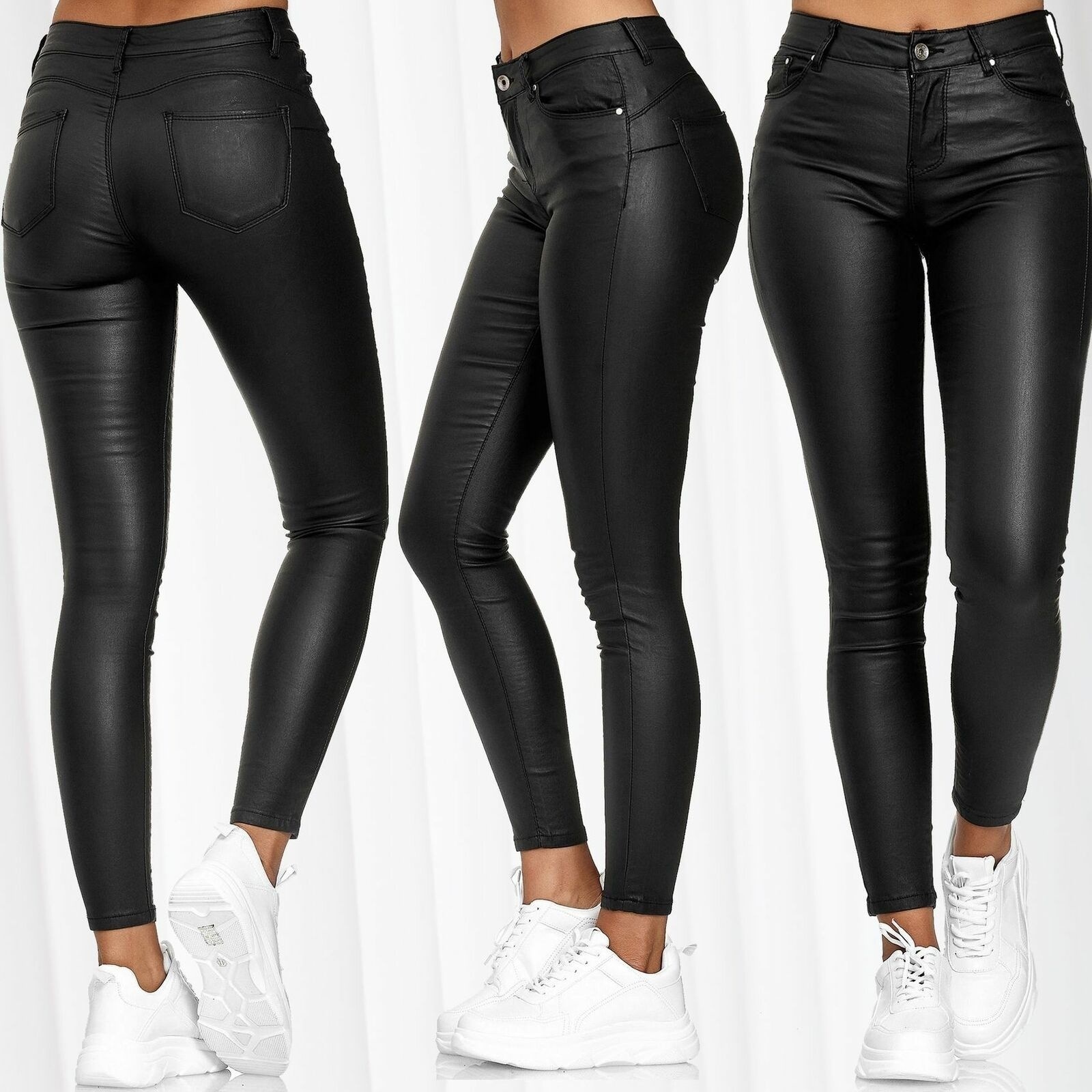 Solid Color Faux Leather Skinny Pants High Waist Women's Long Trousers