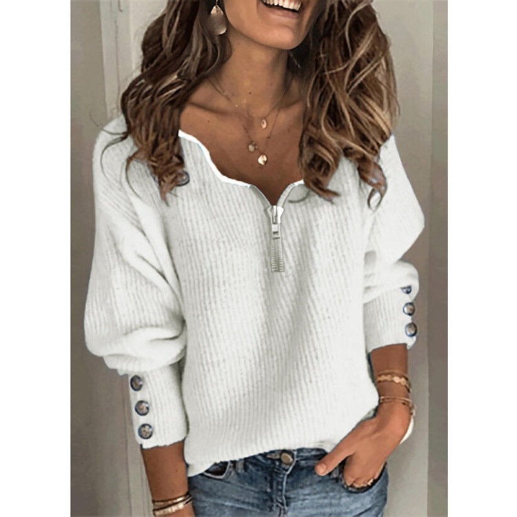 Women's Solid Color Zip-Up V-Neck Knit Sweater Loose Long Sleeve