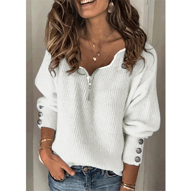 Women's Solid Color Zip-Up V-Neck Knit Sweater Loose Long Sleeve