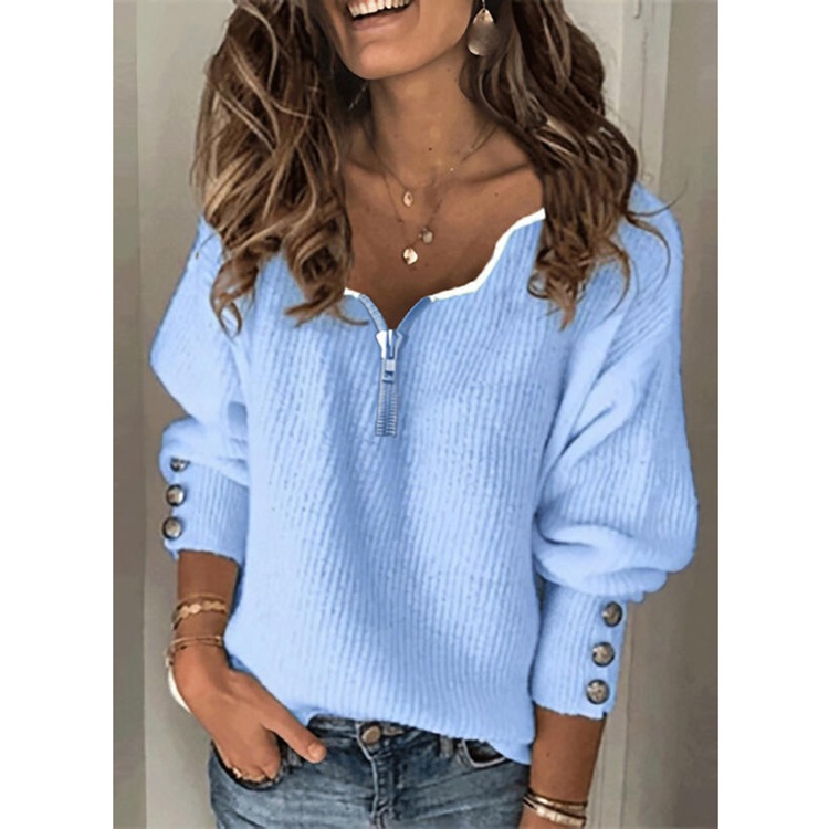 Women's Solid Color Zip-Up V-Neck Knit Sweater Loose Long Sleeve