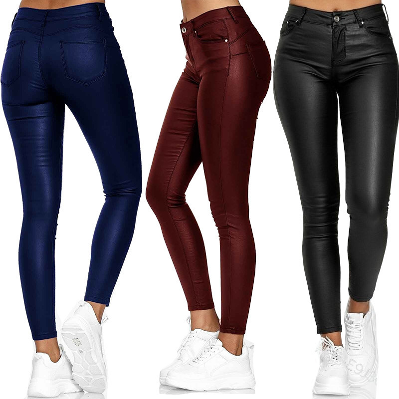 Women's Solid Faux Leather Skinny Pants High Waist