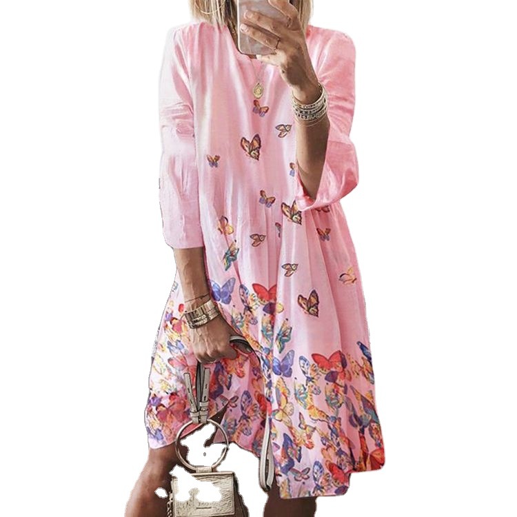 Plus Size Digital Print Round Neck Long Sleeve Dress