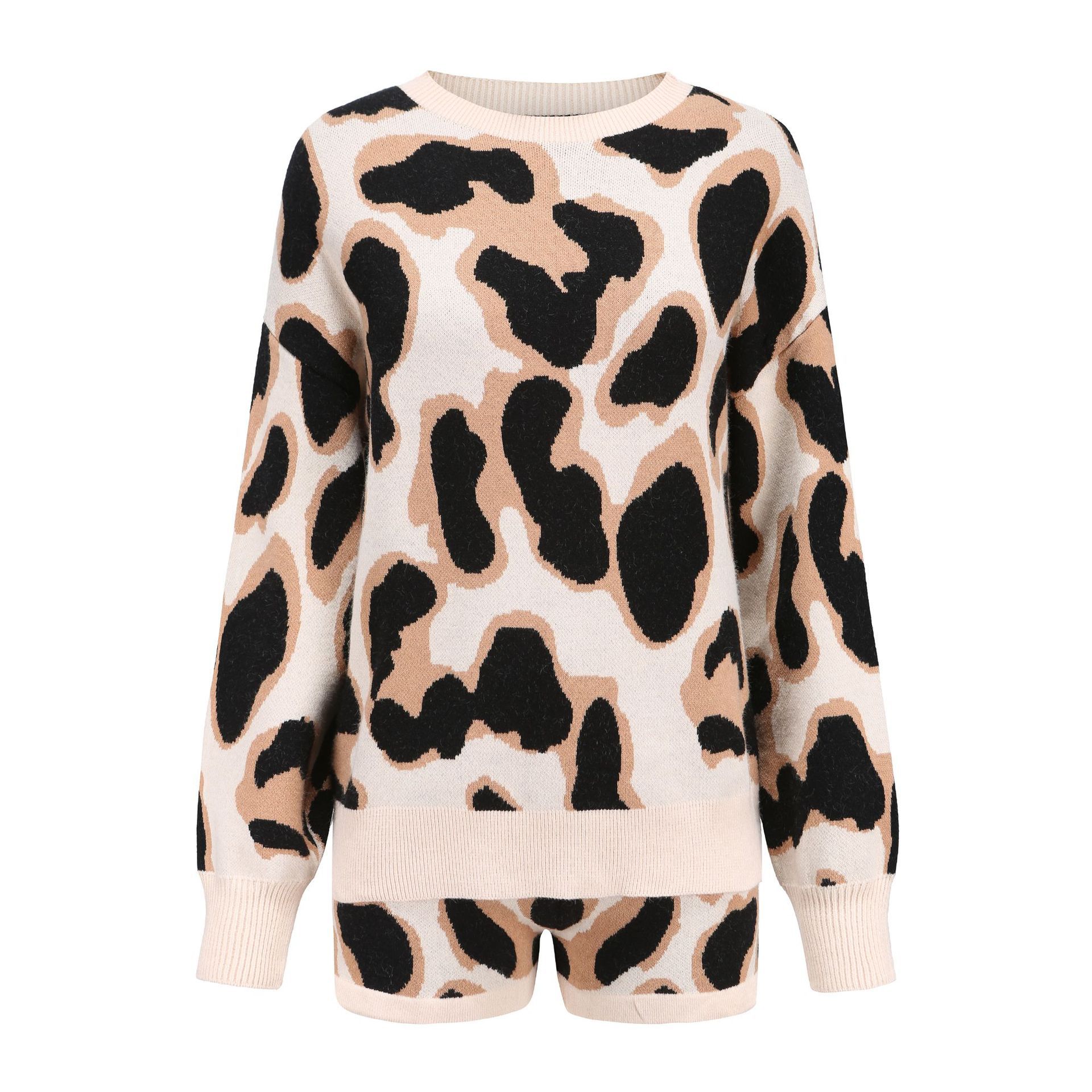 Leopard Print Long Sleeve Sweater and Shorts Set