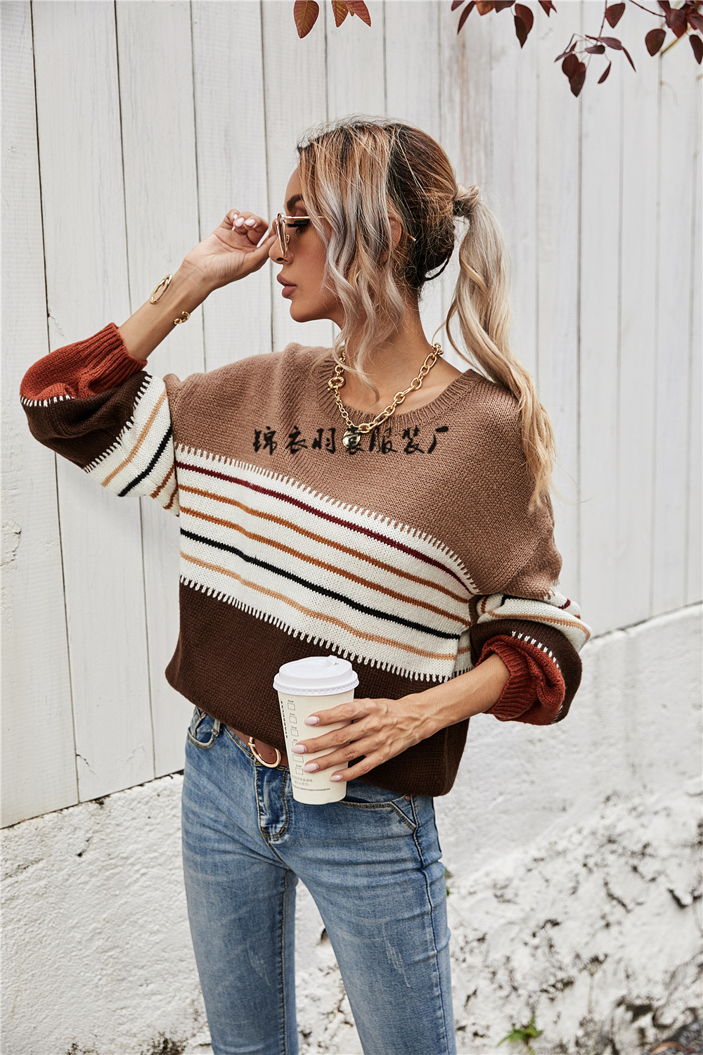 Color-Block Striped Crewneck Pullover Sweater Women's Loose Knit