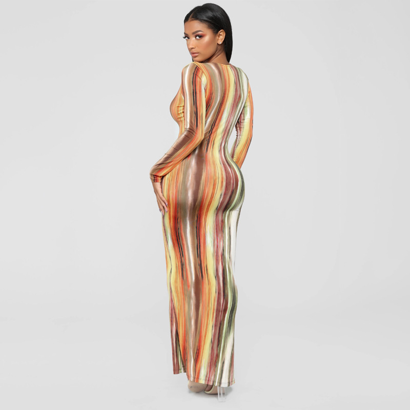 Women's Printed Long Sleeve V-Neck Maxi Dress