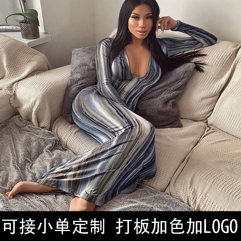Women's Printed Long Sleeve V-Neck Maxi Dress
